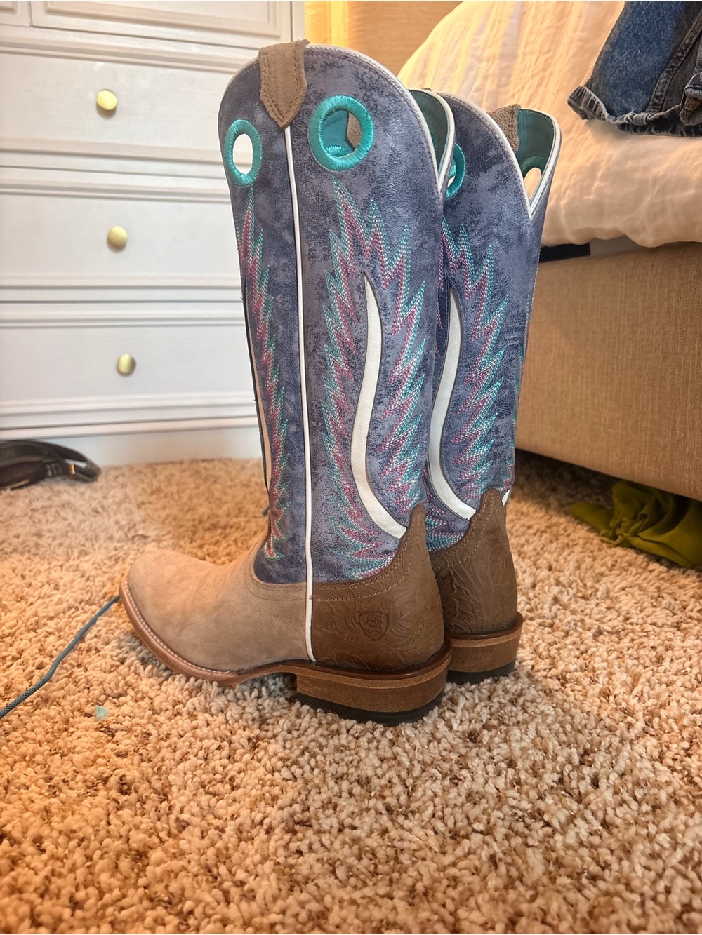Ariat Taupe Leather with Blue Suede Embroidered Western Boots - Picture 4 of 5